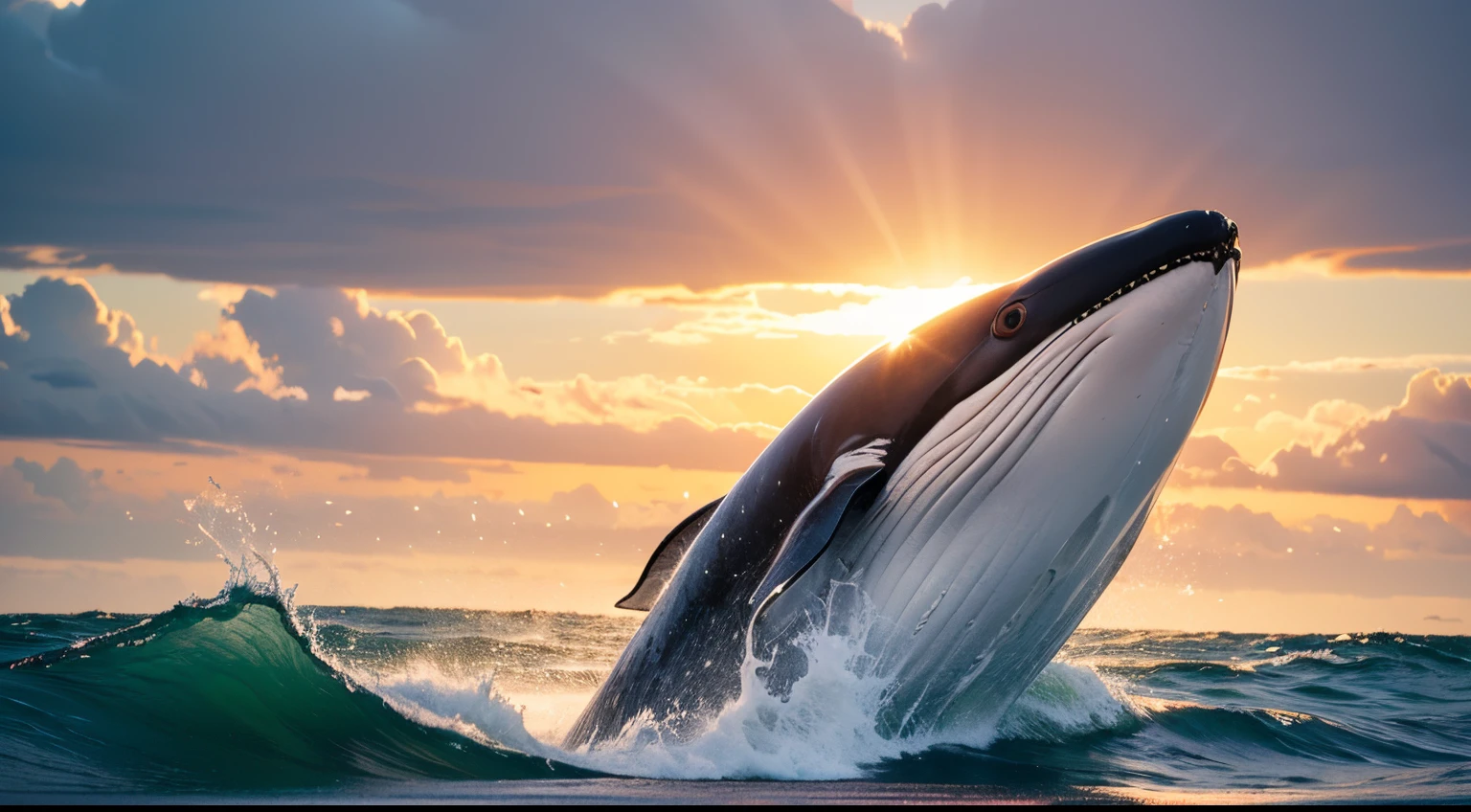 (best quality,4k,8k,highres,masterpiece:1.2),ultra-detailed,realistic,photorealistic:1.37,majestic underwater scene,whale breaching the surface,dramatic crashing waves,glistening sunlight,Doppler effect,school of colorful fish and shrimps,rippling water