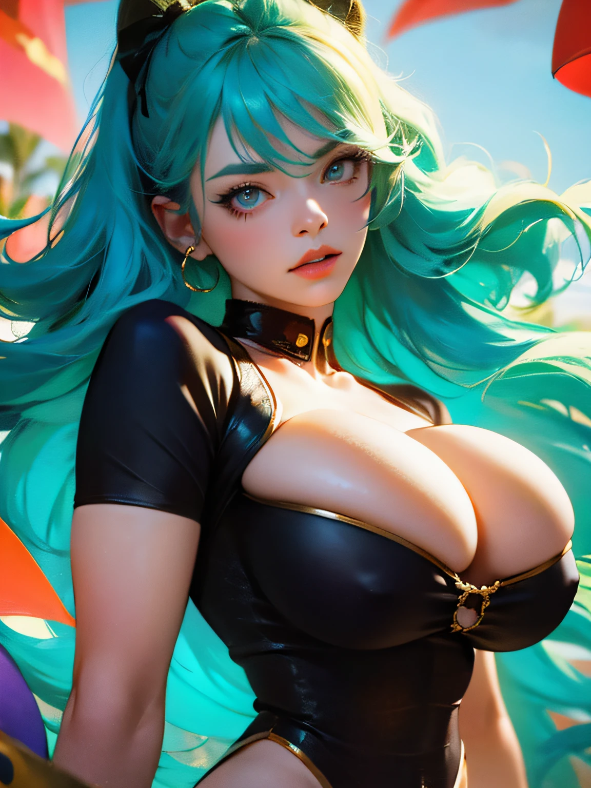 masterpiece, best quality, {best quality}, {{masterpiece}}, {highres}, (big breast:1.3), focus, anime style, a closeup of a cartoon of a woman, 1girl, girl design, portrait, giesha, anime image, colored hair, polished and powerful look, exotic, happy, cheerful, rocker clothes, piercings, music, tattoo, sound, flowers, colorful, colors