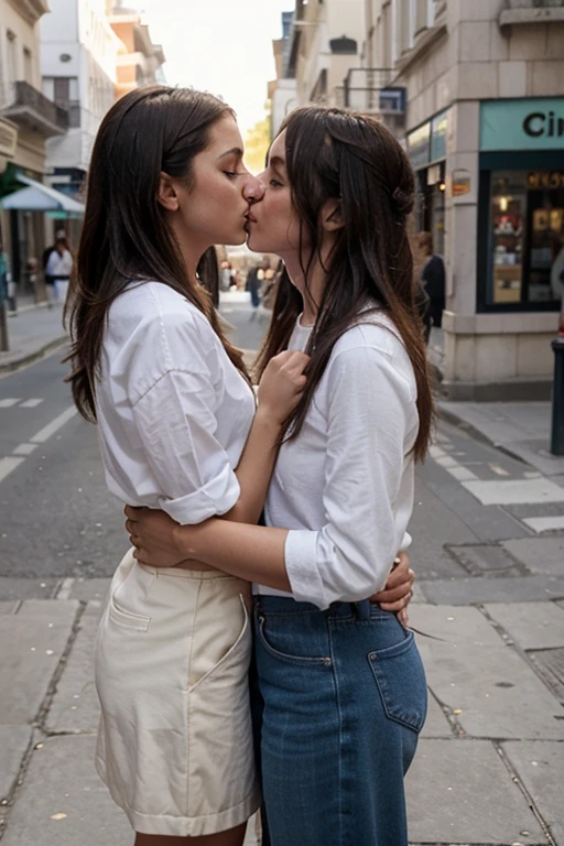 Two women, casually dressed are kissing in the street. Full view, sunny day.