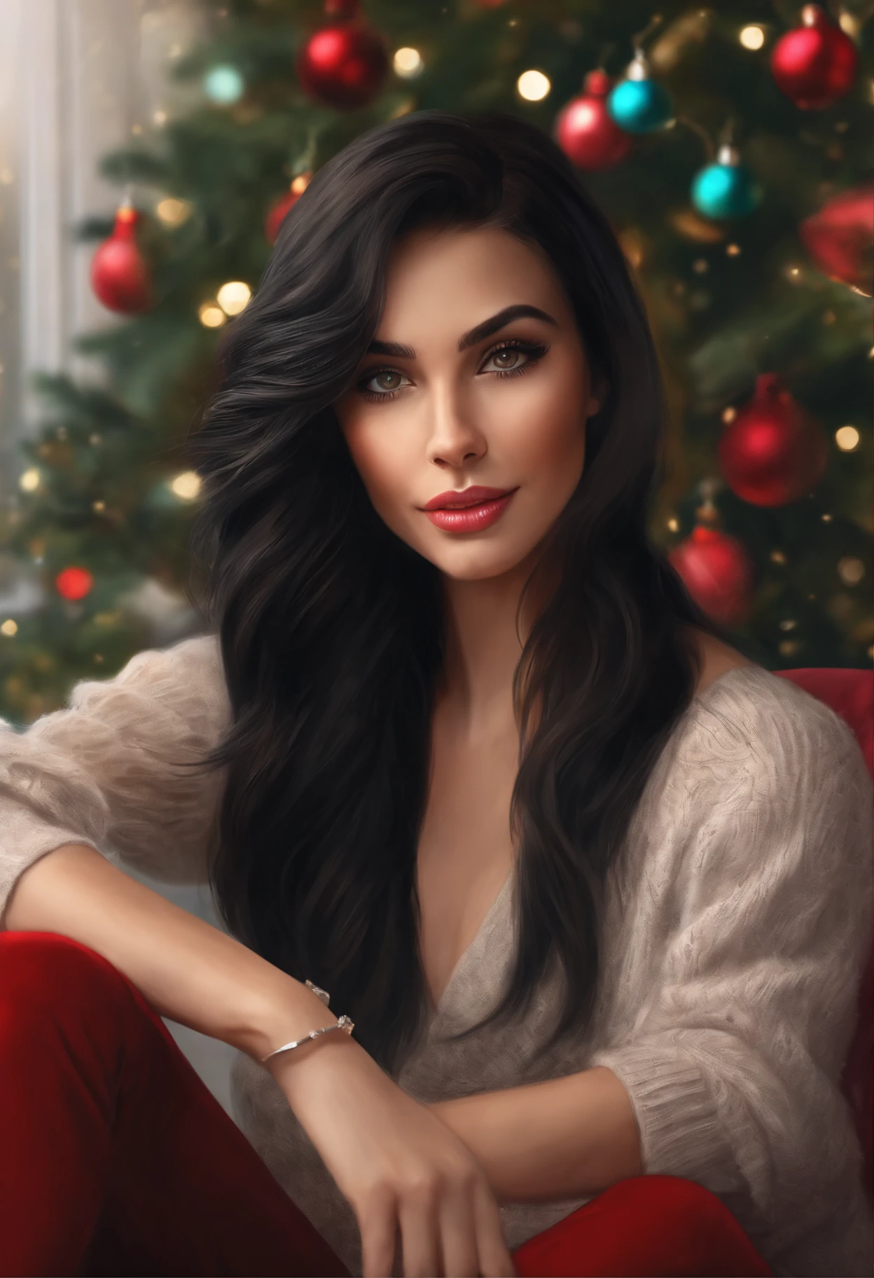Painting of a rocker girl, sitting in front of the Christmas tree,  Soft facial features, sitting in a chair with flowing black hair , straight hair , near the Christmas tree, Soft facial features, Wearing lasin,  wearing a sweater, With light makeup,  dark pink lips,  lip shape"pearlescent" ,"curved eyebrows in the shape of Engriberts, Cyan eyes,  heavy-lidded eye shape, Human Hand,   Human Hand, Very clear without flaws with five fingers, black long straight hair ,, In a short red sweater, in black trousers,mischievous character, fireplace, Christmas tree, Gifts,,artgerm portrait, 8K Artgerm Bokeh,  realistic photo of a cute rocker girl, cute portrait, digital fantasy portrait, gorgeous digital painting, in the art style of bowater, fantasy art portrait, adorable digital painting, beautiful fantasy art portrait, beautiful digital painting