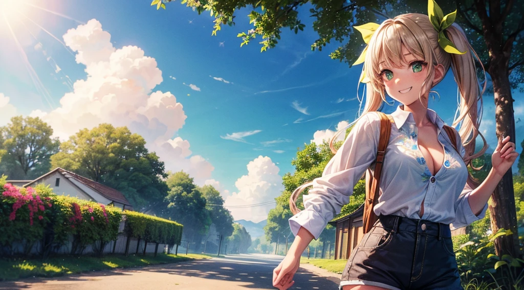1girl, solo, full body, summer, village, trees, sun, clouds, ((colorful hair)), twintail, large breasts, button down, green eyes, ((floral pattern white shirt)), ((unbuttoned shirt)), ((short sleeved shirt)), belly reveal, shorts, brown shoes, grin, looking at the viewer, standing, hair ribbon