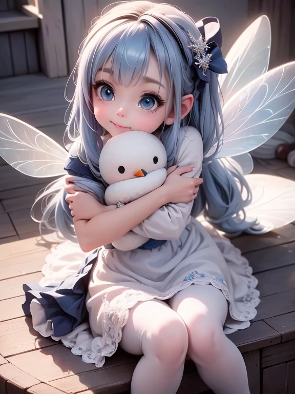 masterpiece, best quality, 8k, cinematic light, ultra high res, chibi, a tiny (((fairy))) smiling, blue hair, white hair bows, blue smokey eyes makeup, white (fairy) dress, snowflake dress, white pantyhose, navy blue pumps, (hugging) a snowman, fairy village, magic fairy village, cinematic navy bluetone lighting, reflections, dynamic pose, high angle view, full shot