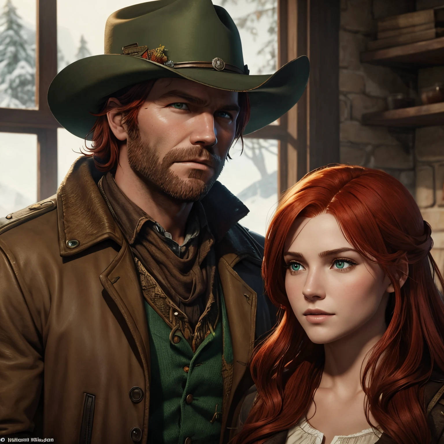 A beautiful couple. The man is Arthur Morgan from red dead redemption. The woman has red hair and Green eyes