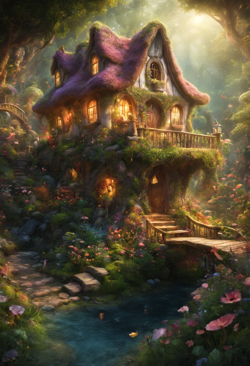 (best quality,4k,8k,highres,masterpiece:1.2),ultra-detailed,(realistic,photorealistic,photo-realistic:1.37),vibrant colors,bokeh,(dreamlike,fantasy,enchanted:1.2),fairy,fairies,houses,village,little beings,enchanted forest,glimmering lights,glowing mushrooms,colorful flowers,sparkling river,ethereal atmosphere,whimsical architecture,serene,enchanted environment,enchanting landscape,magical beings,magical creatures,playful,mystical,magical glow,eccentric details,lush foliage,mythical,delicate structures,dreamy,fairy dust,sparkling wings,tiny pathways,secret hideouts,magical activities,twinkling stars,glowing fireflies