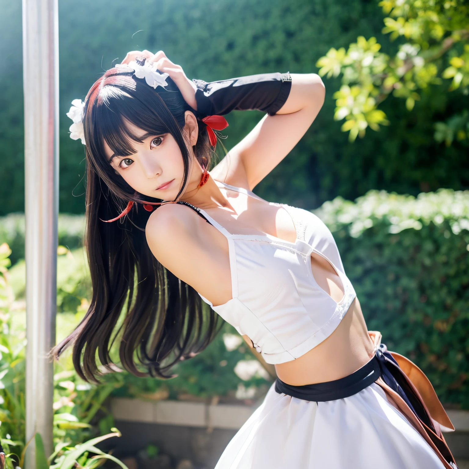 Santa cosplay, anime style, beautiful girl, chest emphasis, miniskirt, armpits visible, excessive exposure, blushing