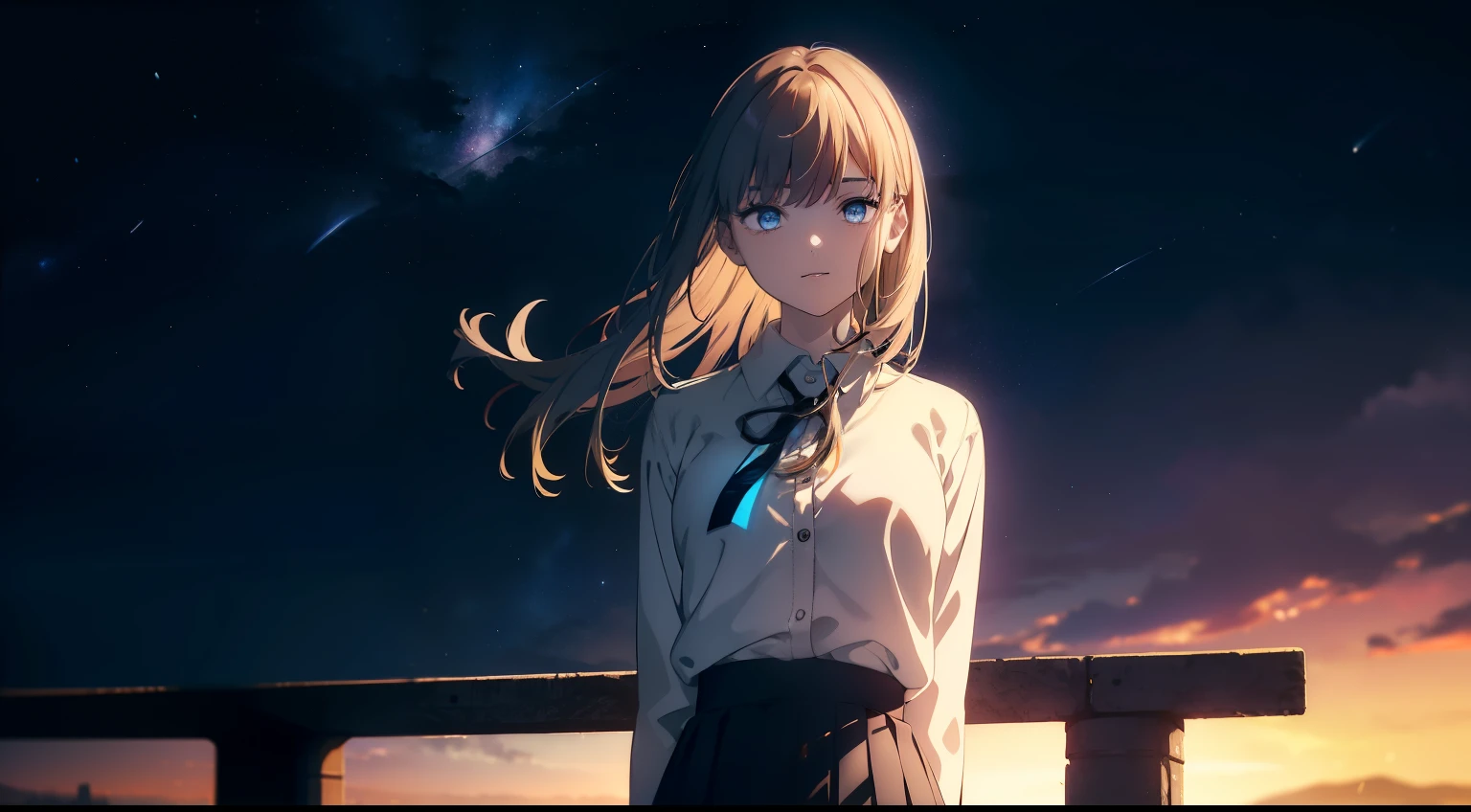 (Obra maestra, La mejor calidad, ultrahigh resolution), 1girl, standing, school uniform, white office shirt, black pleated skirt, (light brown hair:0.7), long hair cut, pale skin, ((blue eyes)), glowing_eyes, neon eyes, (ultra detailed eyes, beautiful and detailed face, detailed eyes), ((centered)), smile, ((wide shot)), facing viewer, eye level, (blurry background, night sky background), flat chested, looking at viewer, half closed eyes, ((perfect hands)), (head, arms, hips, elbows, in view), ((tall)), ((hands behind back)), empty eyes, beautiful lighting, light hitting face, outside, outdoors, shooting star