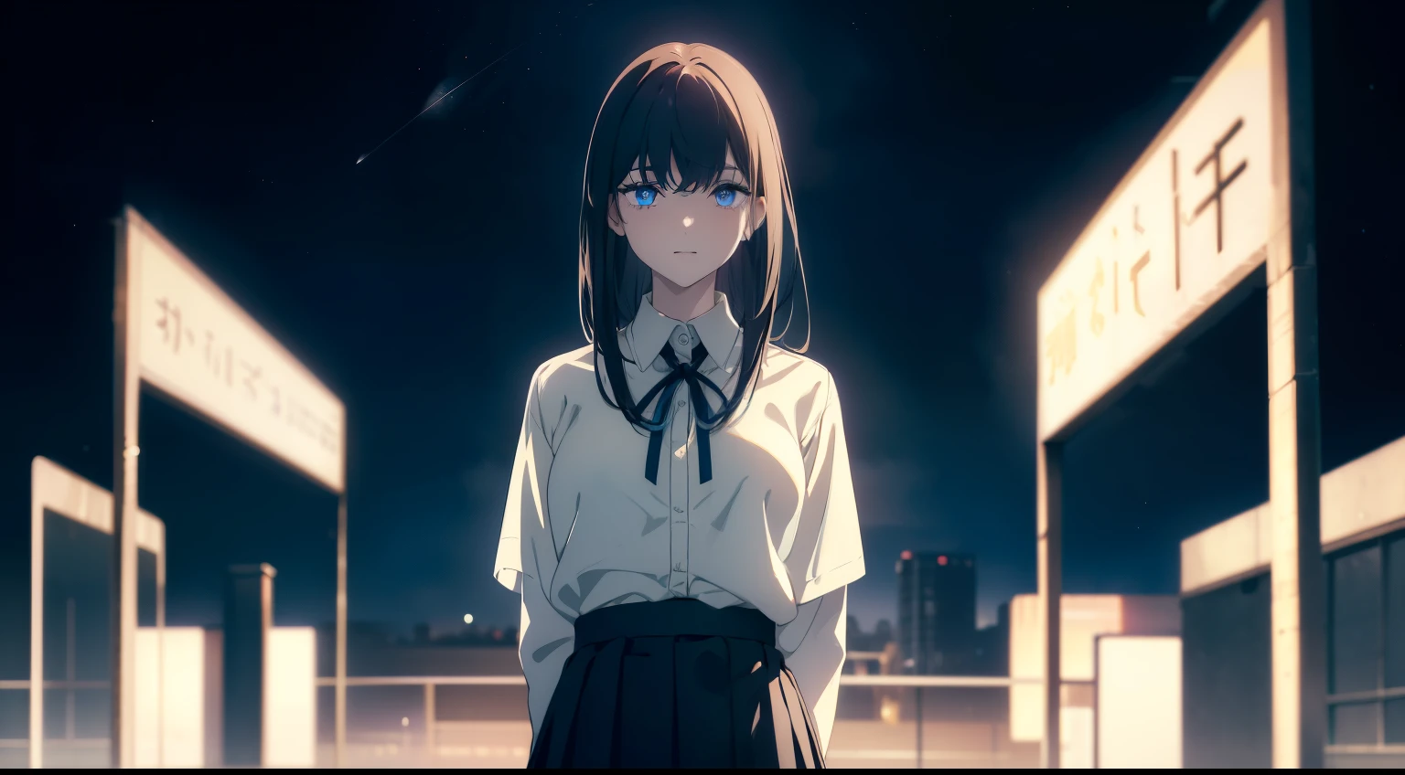 (Obra maestra, La mejor calidad, ultrahigh resolution), 1girl, standing, school uniform, white office shirt, black pleated skirt, (light brown hair:0.7), long hair cut, pale skin, ((blue eyes)), glowing_eyes, neon eyes, (ultra detailed eyes, beautiful and detailed face, detailed eyes), ((centered)), smile, ((wide shot)), facing viewer, eye level, (blurry background, night sky background), flat chested, looking at viewer, half closed eyes, ((perfect hands)), ((head, arms, hips, elbows, in view)), ((tall)), ((hands behind back)), empty eyes, beautiful lighting, outside, outdoors, shooting star:0.7,