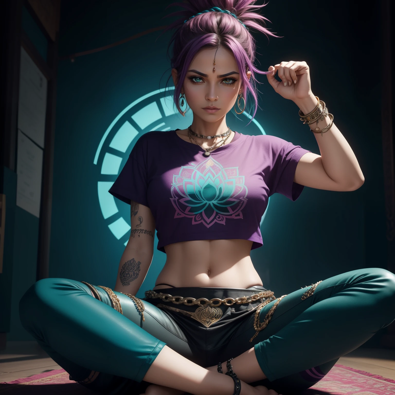 illustration of mature female Sanskrit Character, lotus pose, showing full seated position, small chest size, mature, knowing face, eyes open, calm but intense demeanor, cartoon, colorful teal patterns, bold shares of teal, purple, black, hints of orange, the words "Health Hacktivist" printed on her tshirt design, extremely detailed, with both bohemian and punk style elements, including leather, chains, spikes, loose pants, punky hair, a wise, knowing look, eyes open.