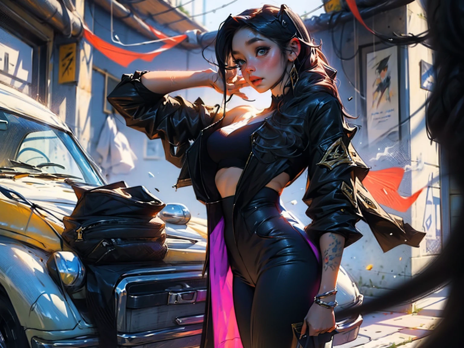 master part, 4K Ultra HD, foco nítido, Realistic; a garota no estilo Gwen de league of legends em uma elegante jaqueta tatica, black pants, e botas. Mantenha o rosto da Gawr Gura, mas mais realista.