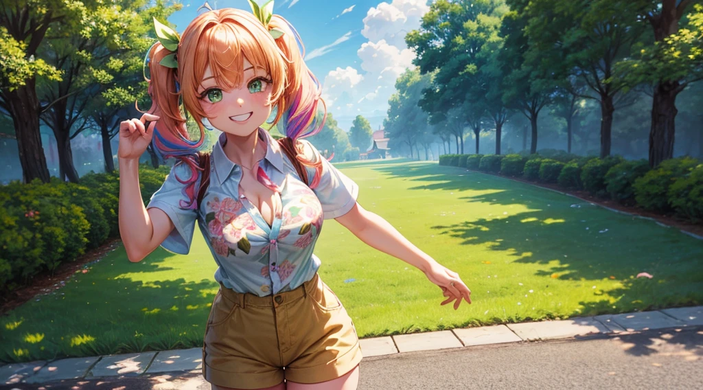 1girl, adoult, solo, full body, summer, village, trees, sun, clouds, ((colorful hair)), twintail, large breasts, button down, green eyes, ((floral pattern white shirt)), ((unbuttoned shirt)), ((short sleeved shirt)), belly reveal, shorts, brown shoes, grin, looking at the viewer, standing, hair ribbon