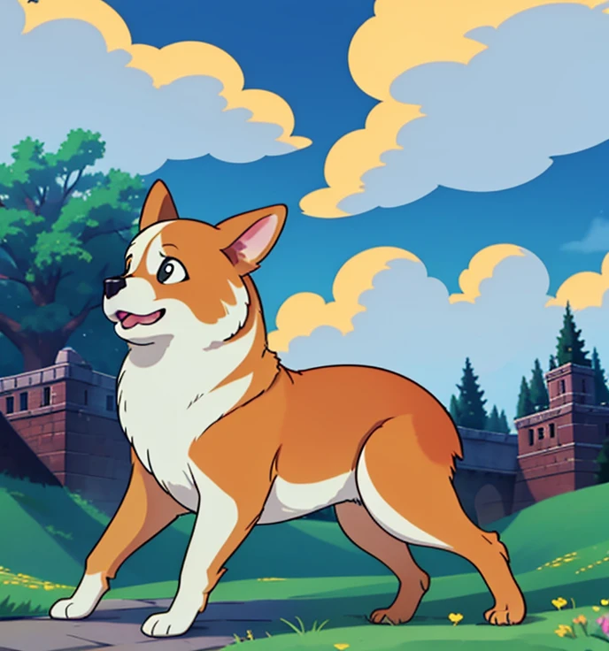Glowing Welsh Corgi, drawing style, blue, black, gold, 4k resolution, masterpiece, pretty City, trees, clouds, playing in the wind, raytracing,