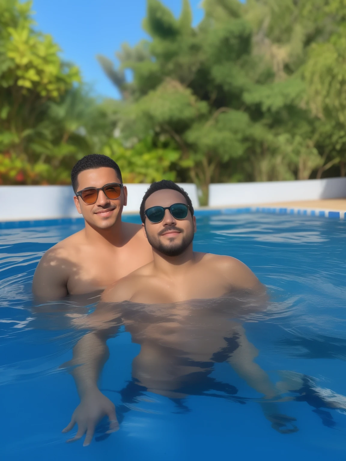 there are two men in the pool posing for a photo, em uma piscina, sentado na piscina, vacation photo, in the water, Pablo Carpio e Jordan Grimmer, Poolside, in water! down to the shoulders, piscina, Petros e Leonid, em uma piscina luxuosa, in water, swimming, 🔞🤡, Postagem no Reddit