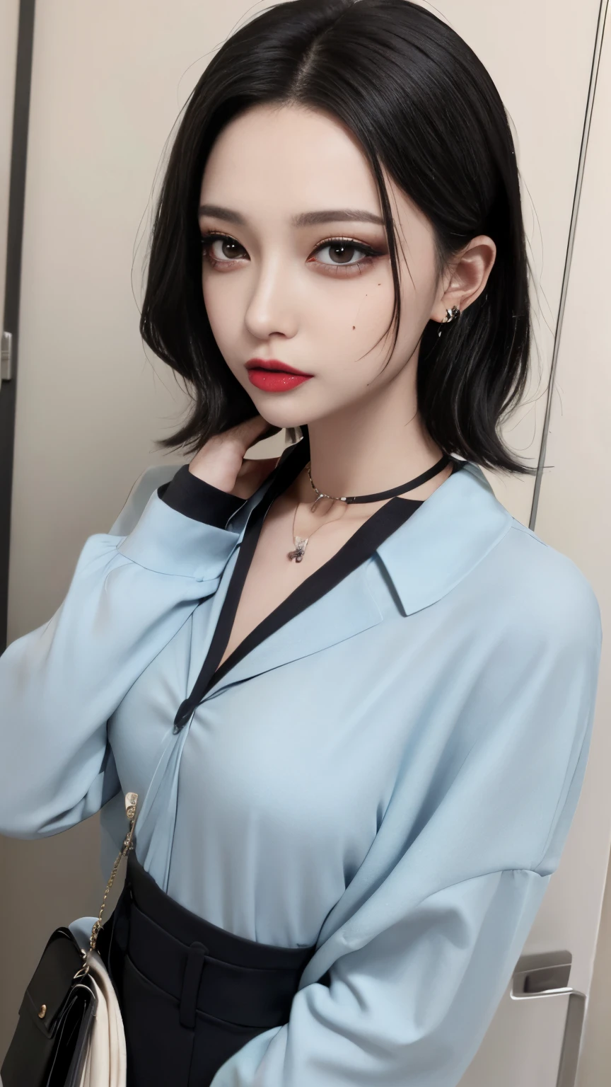 Mature young woman,Tight business suit,Slim waist, wide hips,Sandals,There are moles at the corners of the mouth,Mole at the corner of the eye on the face,Smoky makeup,Heavy makeup,Dark eyeshadow,short ear-length hair,ear jewelry,choker necklace,There'There'There's a lot of sticky water on my face,Very sticky water sticks to hair,Very wide open mouth,Stick out your tongue,saliva runs down the tongue,