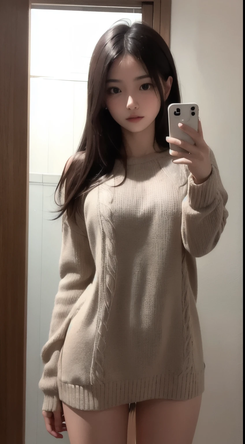 Photorealistic, masutepiece, Best Quality, Raw photo, selfee、1girl in, Solo, Long hair, Brown hair, Detailed face, alluring face, Sweater that kills virgins, medium breasts, Dynamic Pose, Looking at Viewer, From below, Detailed background, fine detailed, intricate detailes, Ray tracing, depth of fields, lowkey, nffsw