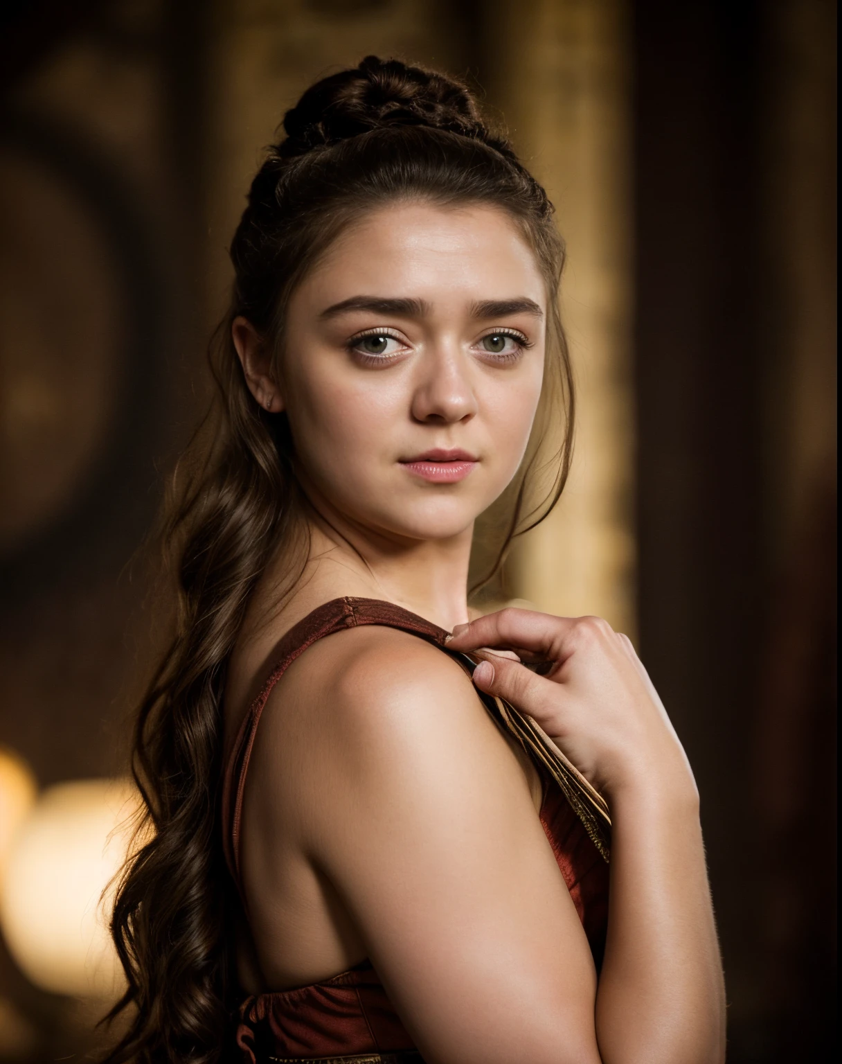 Foto RAW, Arya Stark, Extremely gorgeous lady, Arya Stark PLAYED BY MAISIE WILLIAMS, Queen Arya Stark, she  a mature woman now, milf, sexy mediaeval battle dress, gladiator woman, body, 40 years old Woman, body revealing costumes, perky breast, skin pores, big natural breast, erotic costumes, lusty physique, seductive figure can capture every people's attention, Game of thrones costumes, revealing captivating figure, Mediaeval costumes, revealing clothes, A tomboy, she would rather fence than dance, warrior queen , game of thrones screen caps, Game of Thrones Series, (pele altamente detalhada: 1.2), 8k UHD, DSLR, soft-lighting, alta qualidade, grain of film, Fujifilm XT3, flawless picture, highly detailed, detailed Beauty, intricate, 32k, sharp picture,