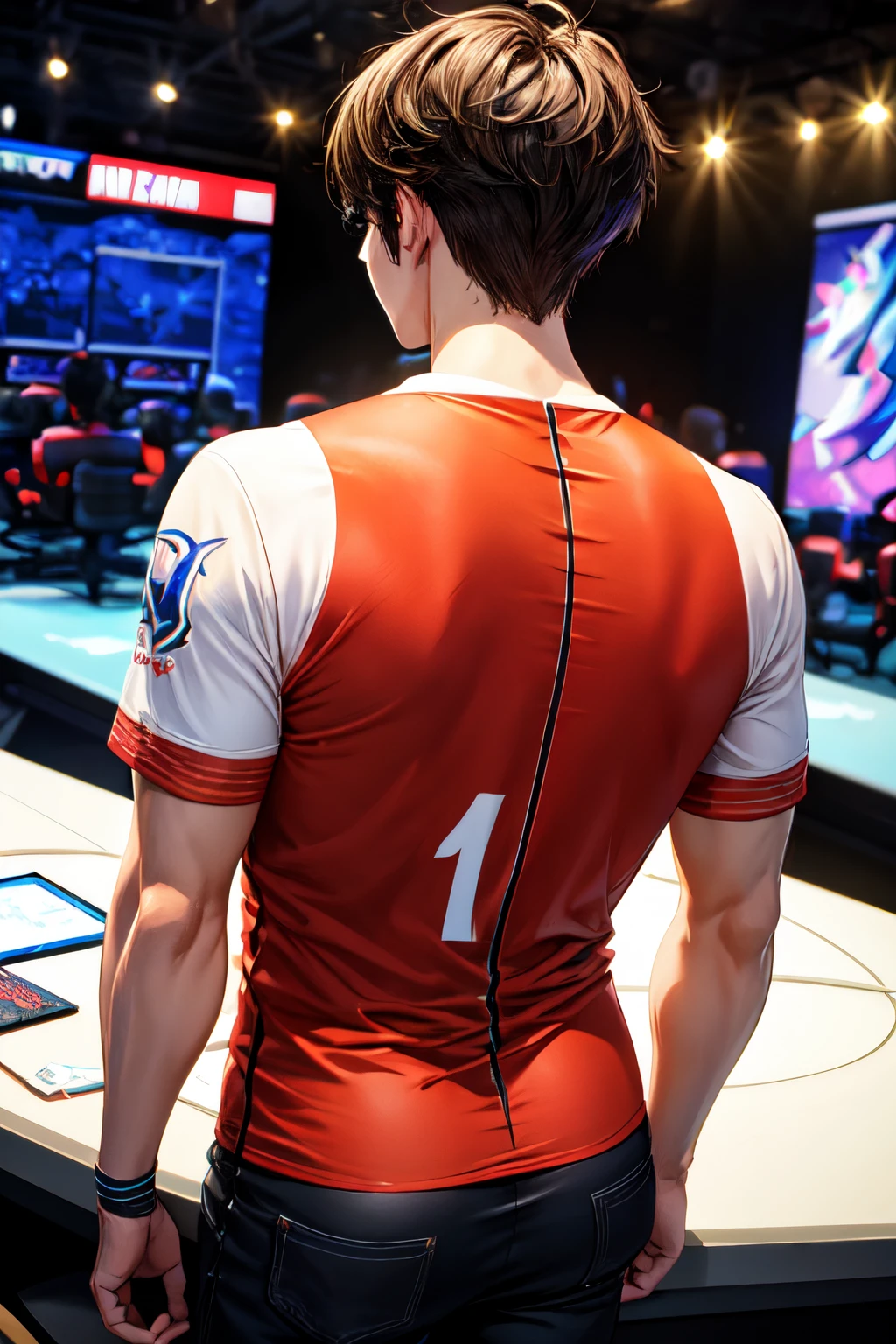 Anime handsome male esports player with his back turned