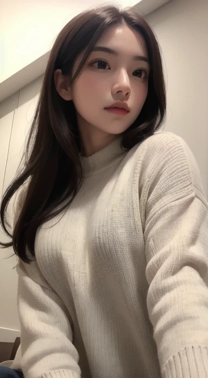 Photorealistic, masutepiece, Best Quality, Raw photo, selfee、1girl in, Solo, Long hair, Brown hair, Detailed face, alluring face, Sweater that kills virgins, medium breasts, Dynamic Pose, Looking at Viewer, From below, Detailed background, fine detailed, intricate detailes, Ray tracing, depth of fields, lowkey, nffsw