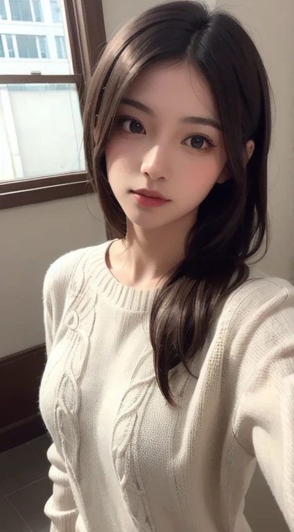 Photorealistic, masutepiece, Best Quality, Raw photo, selfee、1girl in, Solo, Long hair, Brown hair, Detailed face, alluring face, Sweater that kills virgins, medium breasts, Dynamic Pose, Looking at Viewer, From below, Detailed background, fine detailed, intricate detailes, Ray tracing, depth of fields, lowkey, nffsw