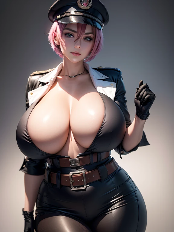 1girl,short pink hair,blue eyes,military uniform,peaked cap,open black jacket,black gloves,cleavage,belt,(huge breasts:1.2),narrow waist,wide hips,thick thighs,very curvy,(best quality,4k,8k,highres,masterpiece:1.2),ultra-detailed,(realistic,photorealistic,photo-realistic:1.37),portraits,vivid colors,sharp focus,studio lighting