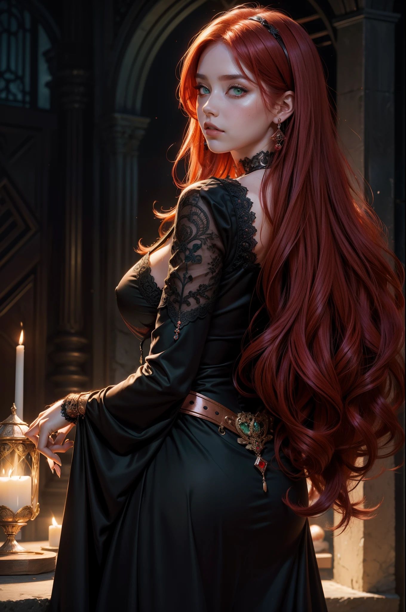 Photo of a woman with red hair and a death grip in a black dress, John Collier's Art Style, Virgo with copper hair, Style by Karol Buck, Young Redhead, portrait of a young witch, No Bowwater Art Style, Stage Director: Roberto Lankiewicz, Geraldo Brohm, Alberto Lynch, portrait of princess merida, Dave Sim, Red-haired girl in a dark palace, Black and purple velvet dress in a kokoshnitsa, Luxury Gypsy Clothing, Head Decoration, lace choker, tmasterpiece, topquality, (Odin), (a perfect face: 1.3), (higly detailed: 1.2), dramatic, 1girl, Angel, (Pale-skinned), Long red hair, dark red hair, (Huge-breasts), light eyebrows,,,,,,,,,, hairlong, the night, Purple and Black Medieval Gypsy Clothing, a lot of jewelry, Head decorations, brown eye, The navel is covered......., pouty lips, Curvilinear, (Hands Behind Your Back: 1.4), Covered, Detailed background of the palace, Arte de Artgerm e Greg Rutkowski, 电影灯光, , moda, balenciaga, Alexander McQueen, glistering, Copper-red hair, Copper-red hair, redhead hair, redhead woman, Beautiful red hair, Redhead, Pale-skinned, Bottle of Fat, large lips, juicy lips beautiful lips, pretty eyes, Chubby Buchachas, round face, Chubby young woman, Chubby , chub, fat, Woman with chubby body, Chubby woman, Black Dress, Sullenly reaches out with his whole body towards the viewer.), (Green eyes: 1.3)