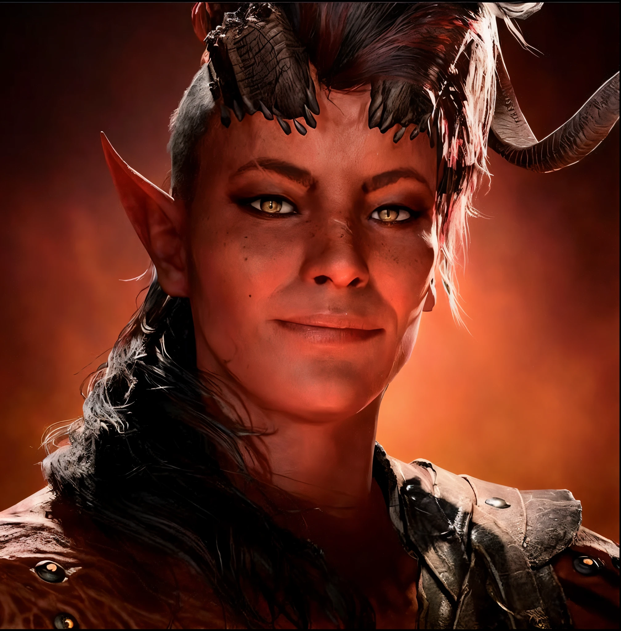 there  a woman with horns on her head and a goat's head, unreal engine character art, diablo 4 lilith, tiefling, mara demon, portrait of a female druid, diablo 4 queen, attractive tiefling druid, baldur's gate character portrait, elven character with smirk, loba andrade from apex legends, fantasy character portrait