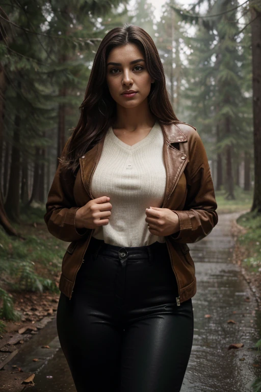 A girl, Named fatemeh, 25 years and 7 months and 21 days old, brown eyes, brown hair, normal ((lips, Nose, cheek, chin, neck)) , 168 centimeters height, 60 kilograms weight,tanned body, black pants, rainy day, winter, chubby, brown leather jacket , yellow pullover, white socks, mountain, forest, green moody, Surrealism, 8k, super detail, anatomically correct, super detail, high details, high quality, award winning, best quality, highres, 1080P, HD, 4K, 8k, 16k, masterpiece, ccurate, retina, UHD,