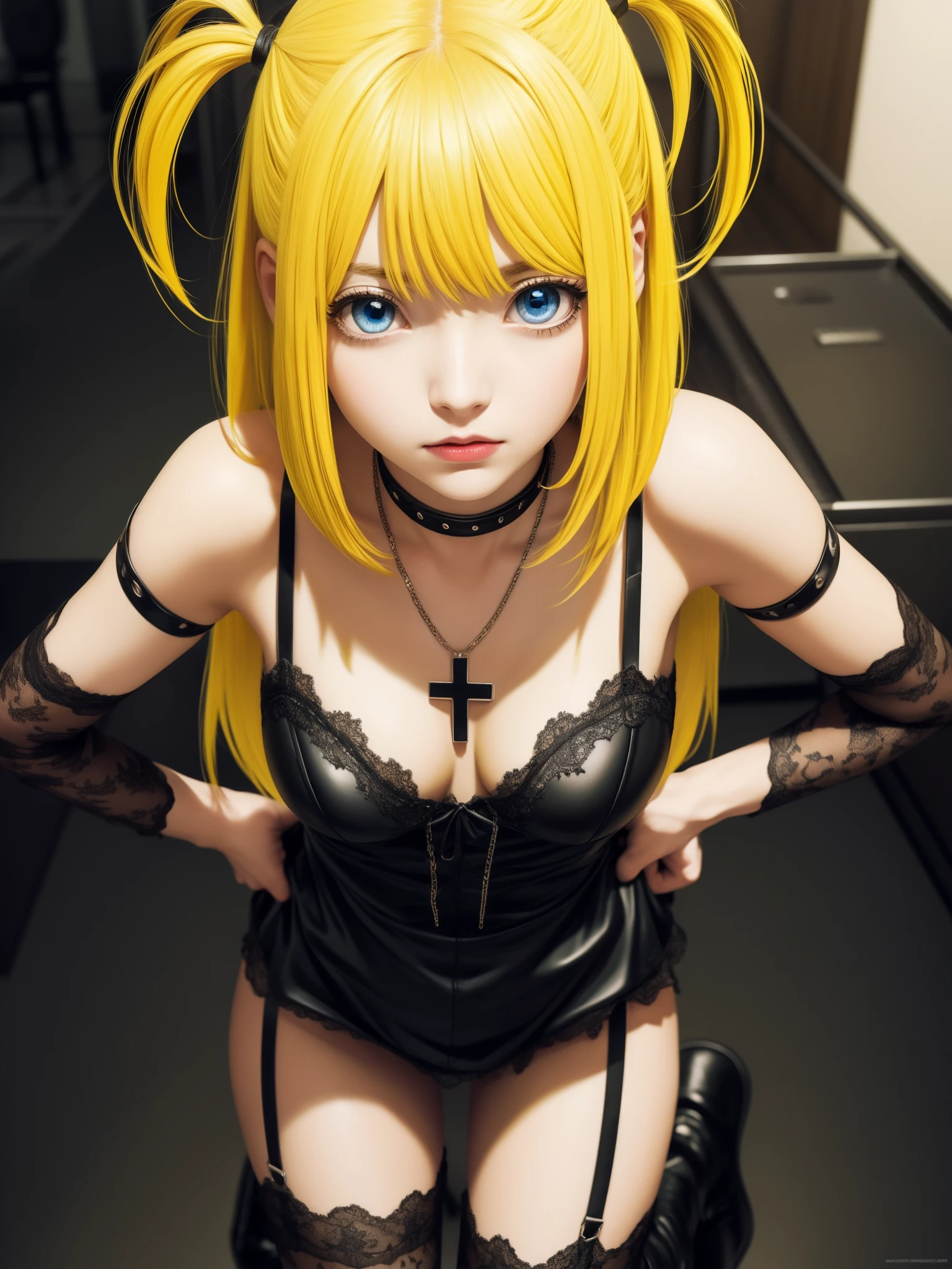 misaamane, misa amane, long hair, bangrown eyes:1.7), (yellow hair:1.5), blunt bangs, (two side up:1.5), red lips, lipstick,
BREAK thighhighs, dress, jewelry, collarbone, boots, detached sleeves, choker, black thighhighs, necklace, black footwear, black dress, sleeveless dress, garter straps, black choker, short dress, floral print, cross, red nails, cross necklace,
BREAK looking at viewer,
BREAK indoors,
BREAK (masterpiece:1.2), best quality, high resolution, unity 8k wallpaper, (illustration:0.8), (beautiful detailed eyes:1.6), extremely detailed face, perfect lighting, extremely detailed CG, (perfect hands, perfect anatomy),