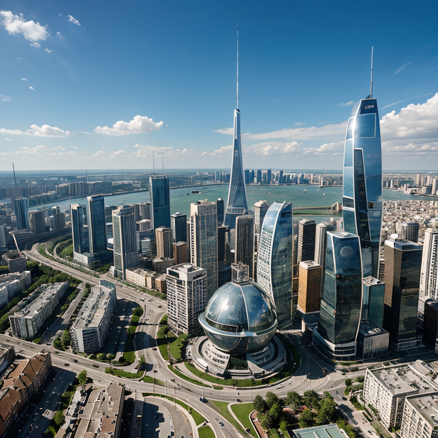 Detailed city of the future,many unusually shaped buildings, bright colours