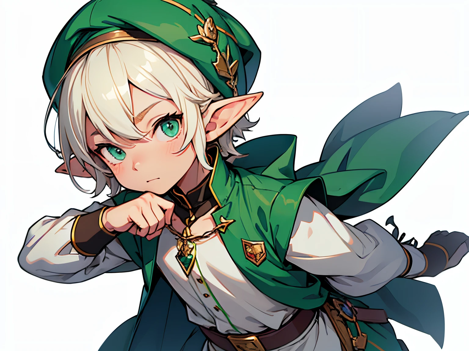 White background!!,Upper body portrait,Costume upper body!!,Elf Boy!!, lalafell, Little Elf Boy, Little Elven Prince, made with anime painter studio, Little Shota Boy, Anime characters in green costumes and hats, magical school student uniform, magic school uniform, JK Uniform, Anime upper body illustration, Anime VTube, outfit design, single character full body, full body portrait of a short!, rena nounen style 3/4, clear outfit design, halfbody, lapel pin, front-facing view