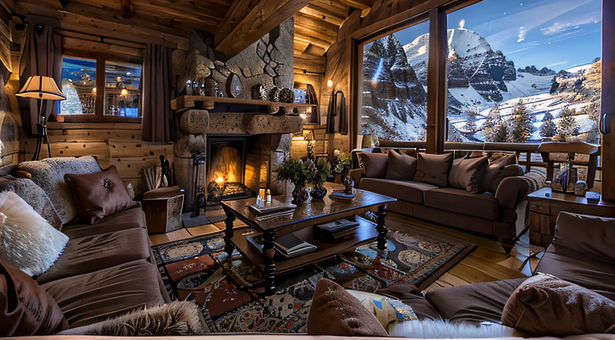 Arafed living room with a fireplace and a mountain view - SeaArt AI