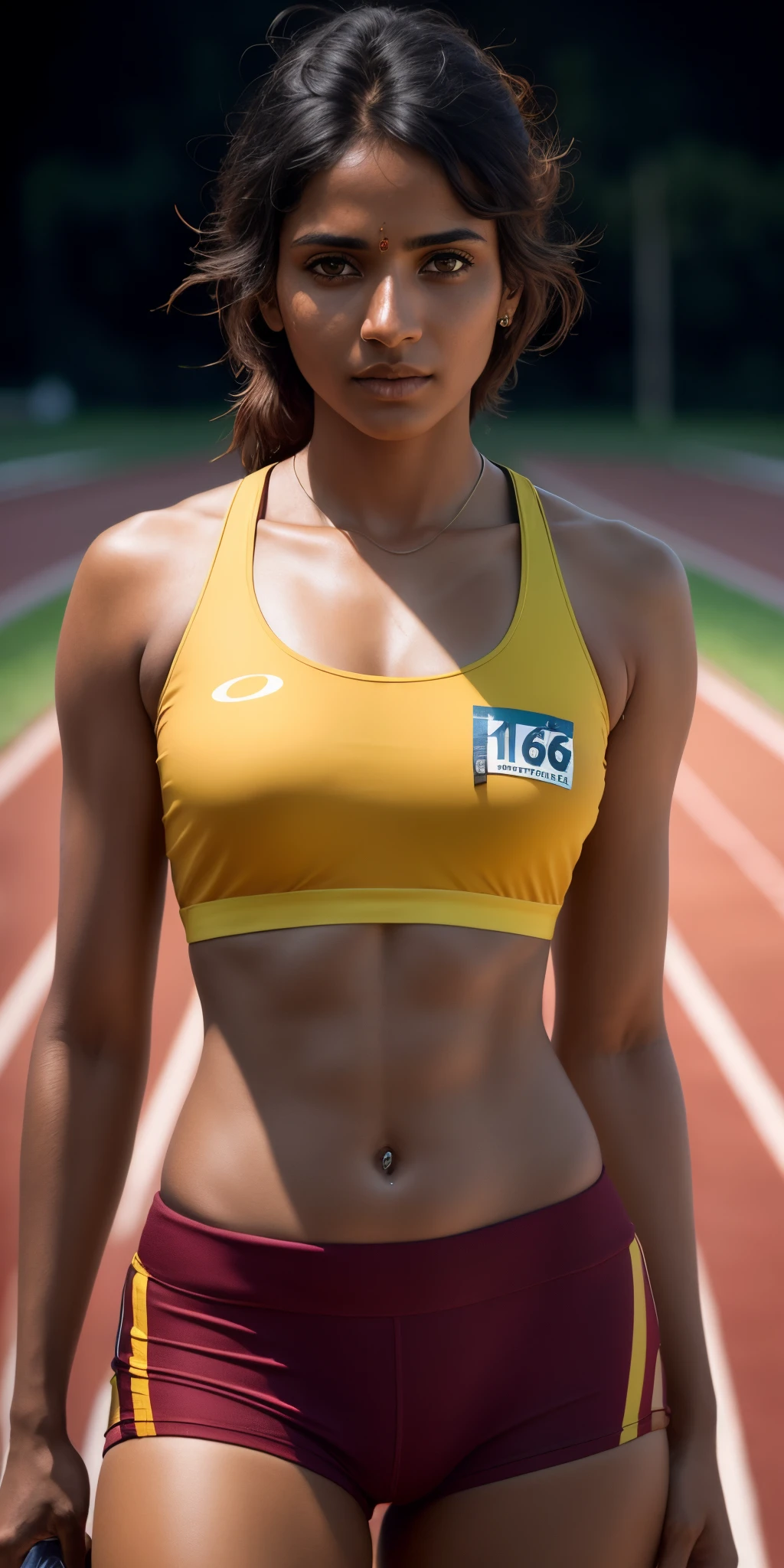 beautiful mature Indian college girl, in track outfit, outside on track field, ((slim, petite)), photorealistic, photo, masterpiece, realistic, realism, photorealism, high contrast, photorealistic digital art trending on Artstation 8k HD high definition detailed realistic, detailed, skin texture, hyper detailed, realistic skin texture, armature, best quality, ultra high res, (photorealistic:1.4),, high resolution, detailed, raw photo, sharp re, by lee jeffries nikon d850 film stock photograph 4 kodak portra 400 camera f1.6 lens rich colors hyper realistic lifelike texture dramatic lighting unrealengine trending on artstation cinestill 800,