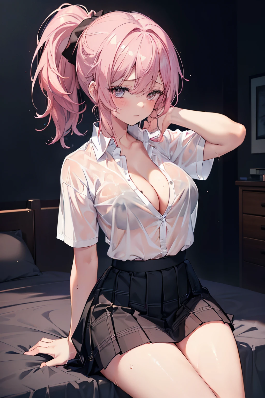 ((Highschool uniform)), (white shirt), (see-through), (short sleeves), (black miniskirt), (Black plaid skirt), ((undressing)), ((all open buttons shirt)), ((Half-naked)), ((breast cleavage)), stomach, Authentic shiny skin texture, Soaked skin, radiant skin, bed, bed room, (Sit on the bed), (((((night))))), (((((darkened room))))), one girl, black hair, medium breasts, medium buttocks, thighs, verge of tears, (swet), (wet skin), (wet clothes), ((erotic)), ((sensual)), (simple background), (Close-up of a girl), beautiful detailed body, beautiful detailed glow, cinematic lighting, 4K illustration, masterpiece, best quality, by top artist, by famous artist, by plo artist, ((ponytail hair)), (pink hair)