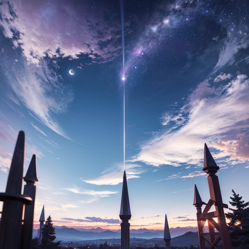((masterpiece)), high quality, time of night and morning, gradient sky from purple, mocha style, starry sky, clear clouds floating in the sky, landscape, 32K, no people, nature, picture that could be mistaken for a photo, ((white moon))