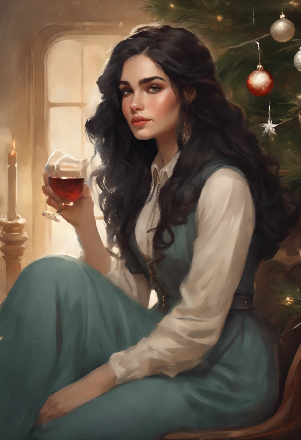 真实感, a painting, Fantastic tale, Christmas style, John Tolkien style, Small painting by Jean-Baptiste Monge , in the art style of bowater, 8K Artgerm Bokeh, realistic art style,Painting of a rocker girl, sitting in front of the Christmas tree, Portrait of a rocker girl, Soft facial features, Rocker Girl, sitting in a chair with flowing black hair , straight hair , near the Christmas tree, Soft facial features, Wearing tight laces, Wear a tolstovka, With light makeup, dark pink lips, lip shape"pearlescent" ,"curved eyebrows in the shape of Engriberts, Cyan eyes, heavy-lidded eye shape, Human Hand, Very clear without flaws with five fingers, black long straight hair, in a sweatshirt, in black leggings,mischievous character, fireplace, Christmas tree, Gifts, ,artwork in the style of guweiz, detailed character portrait, extremely detailed artgerm, artgerm and atey ghailan, charlie bowater art style, Jean-Baptiste Monge, anthropomorphic --ar 2:3 --testp -optimistic; straight hair