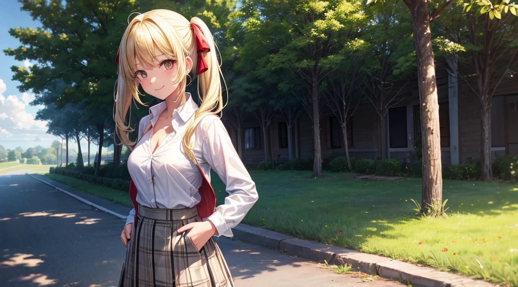 1girl, solo, summer, village, trees, sun, clouds, ((blonde hair)), twintail, large breasts, red blazer, yellow eyes, ((white button down shirt)), ((unbuttoned shirt)), grey skirt, checked skirt, brown shoes, smile, looking at the viewer, standing, black hair ribbon