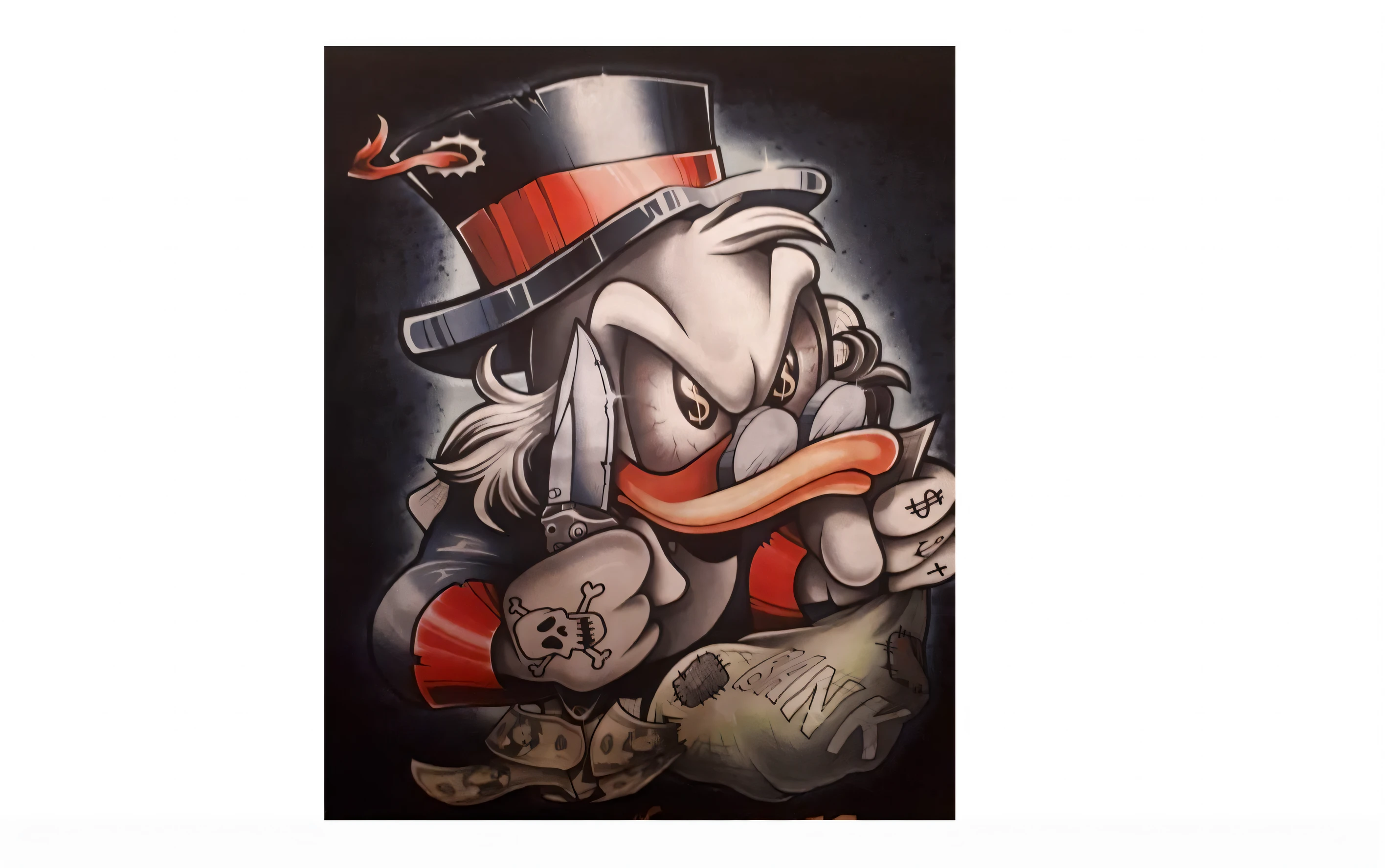 image of a cartoon duck wearing a top hat and scarf, style by Greg Simkins, airbrushed artwork, Evil Bugs Bunny, Basic art style, airbrush art, quackery, mad hatter, Chicano Airbrush Art, Low art, greedy, Стиль Arte Lowbrow, Uncle Sam, Airbrush painting, donald duck, Jacob Duck