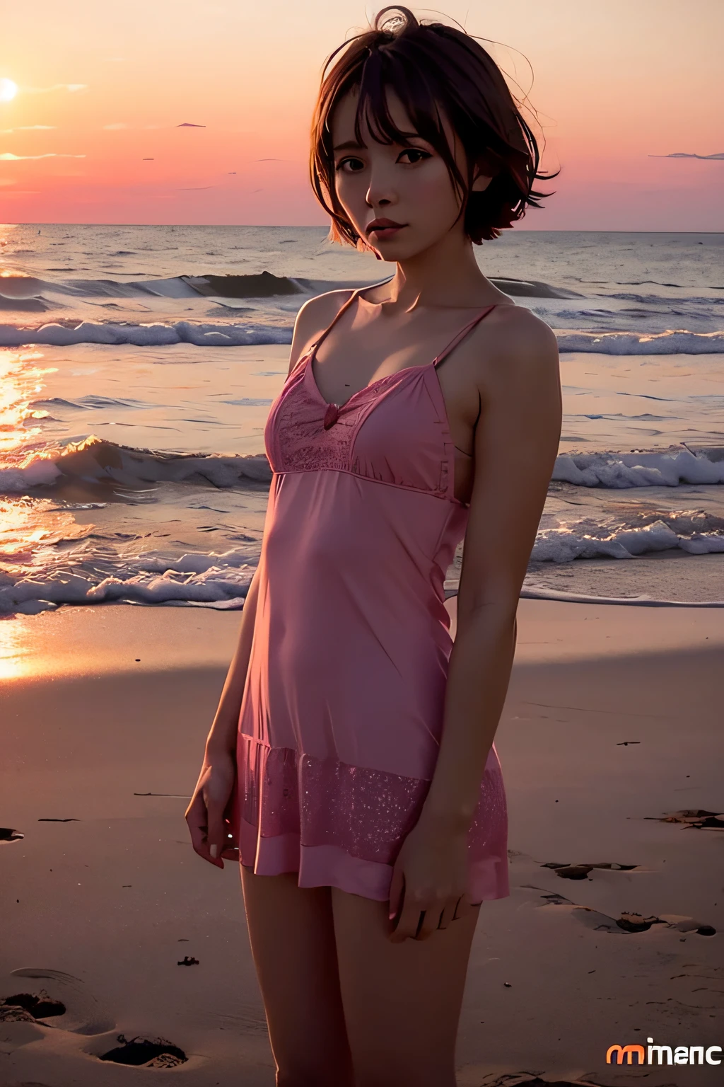 A cute girl at the beach, wearing a short night dress, short hair. Cinematic lighting, red sky, evenining scene.