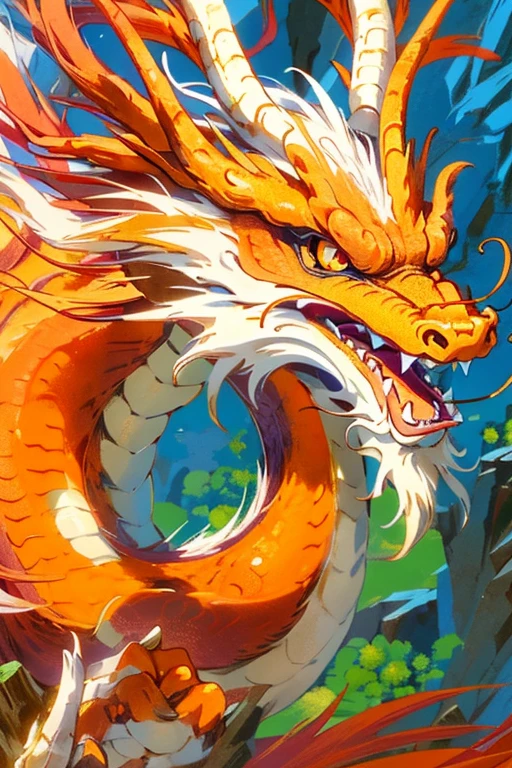 eastern dragon,orange dragon,fangs,whiskers,solo,close up
