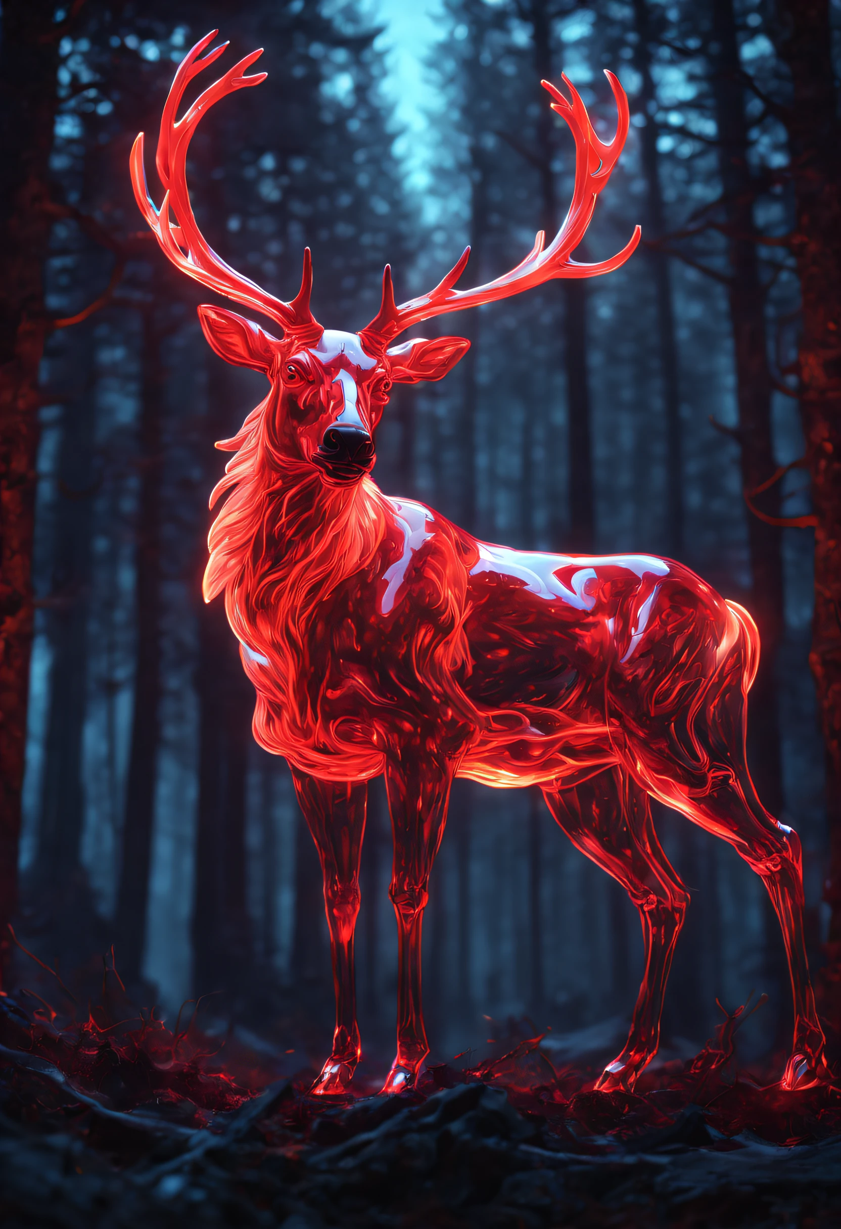 neon red reindeer, Fantasy art of beautiful angry reindeer made of clear glass, inner glow, Exquisite statues, Reddens Nose, Eye of Fire, hyper realisitc, beautiful prism light, neonlight, Made of glass, Transparent red reindeer, Otherworldly, Cinematic, ominous mountain, number art, inspired by Cyril Rolando, Blood-red moon, ln the forest, crawling, iintricate, (Best quality at best, tmasterpiece, Representative Works, offcial art, professional, Unity8k wallpapers:1.3)