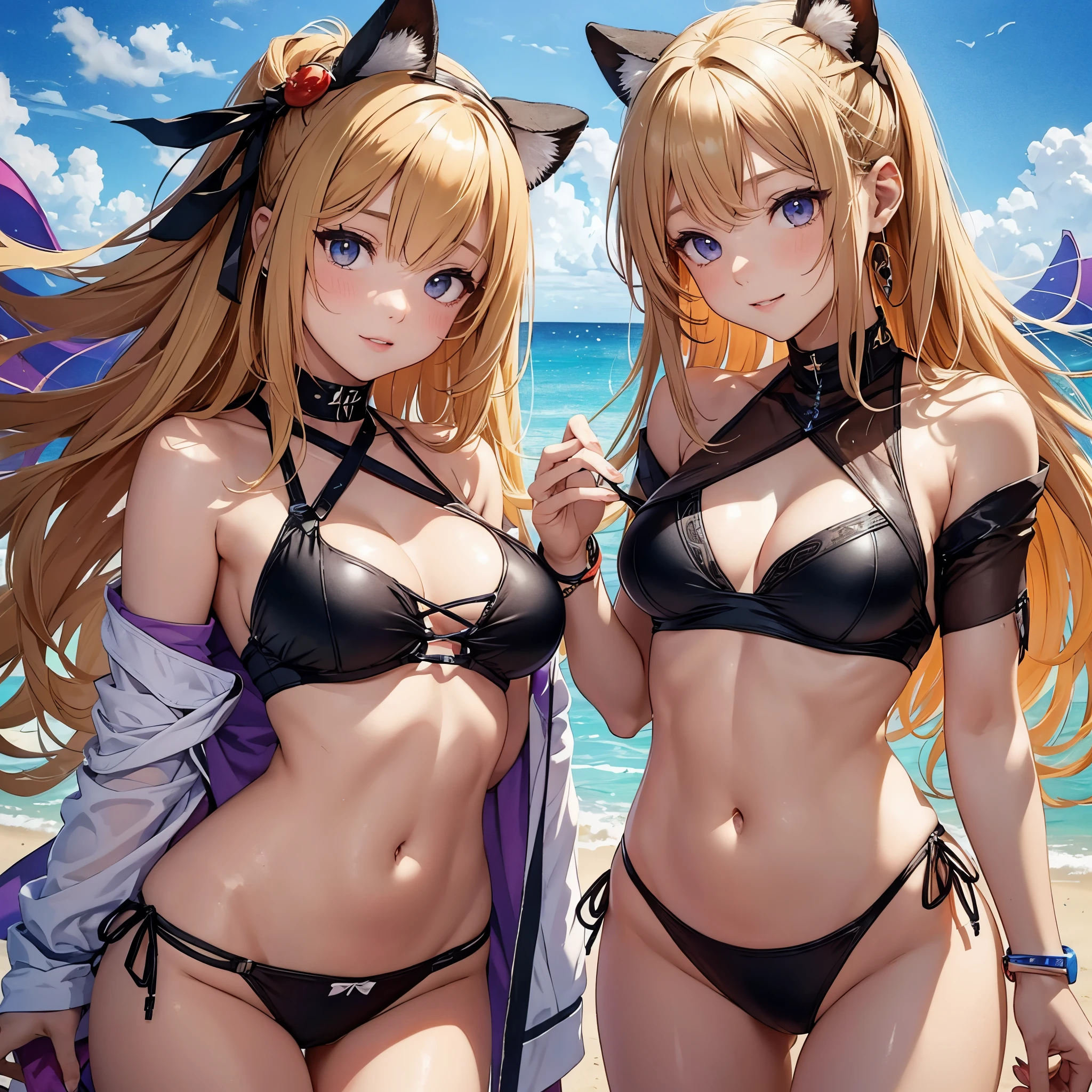 2girls->2 girls orange_eyesopen_shirtlong_hair->long hair saaya_(kirome)haksshirt->shirt umauma_(trggercross)swimsuit->swimwear wristwearboryeon_(last_origin)blonde_hair->Blonde bikini->bikini breasts->last_originchoker->Neck jewelry cleavage->purple_eyescameltoe->Camel toes pressing（Commonly known as steamed bun force） --auto --s2