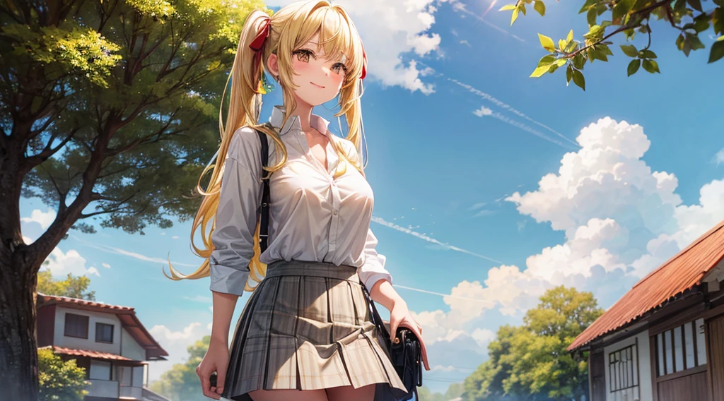 1girl, solo, summer, village, trees, sun, clouds, ((blonde hair)), twintail, large breasts, ((red sweeter)), yellow eyes, ((white button down shirt)), ((unbuttoned shirt)), grey skirt, checked skirt, brown shoes, smile, looking at the viewer, standing, black hair ribbon