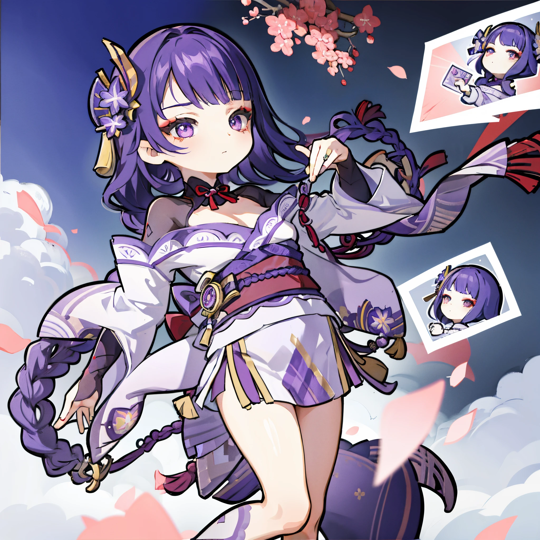 Chibi, masterpiece, purple hair, purple eyes, red eye shadow, hair ornament, cute, raiden shogun, small body, big head