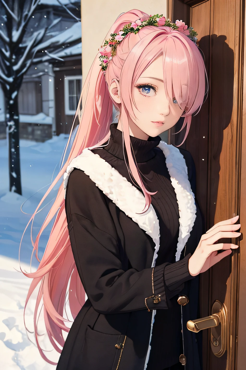 (masterpiece), (best quality), 1female standing in front of a door with a wreath, (long_ponytail pink color hair), (hair over one eye:1.21), wearing winter outfit, detailed beautiful eyes, detailed gorgeous face, perfect anatomy, perfect shading, dramatic lighting, highly detailed, intricate details, wallpaper, PIXIV, krenzcushart,