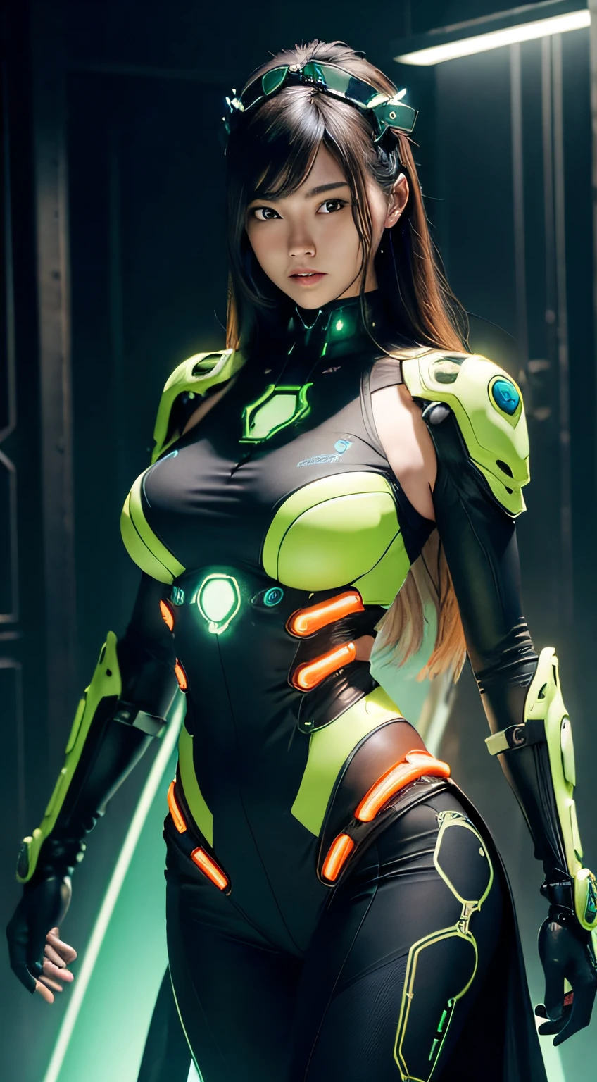 (realistic:1.2), masterpiece, Cinematic lighting, Biomechanical goddess, dynamic pose, head and torso image, Long hair. Subtle smile. Black and orange military-style, protective outer plated layers cover most of her body, covering her body's inner mechanisms. Visible inner mechanisms on her body comprise pneumatic pistons, wires, and components, beneath the outer plating. Bright, glowing neon blue and green light emanates from the inner mechanisms. Biomechanical headdress. Holding a pair of futuristic pistols, reflex sights. Black background.