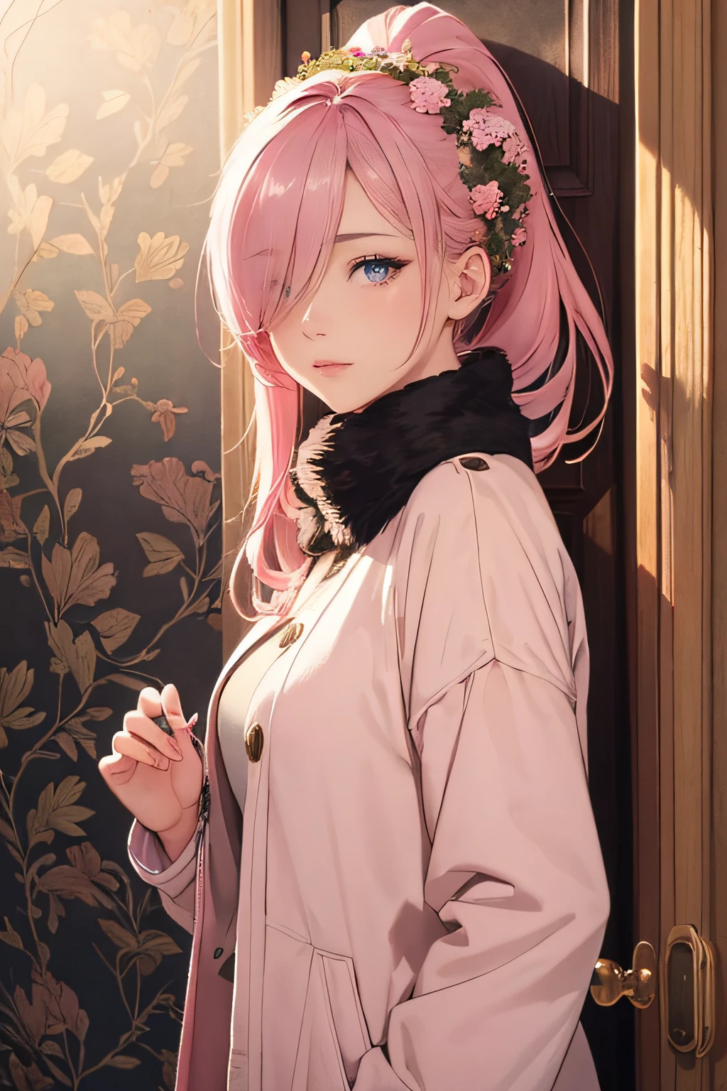 (masterpiece), (best quality), 1female standing in front of a door with a wreath, (long_ponytail pink color hair), (hair over one eye:1.21), wearing winter outfit, detailed beautiful eyes, detailed gorgeous face, perfect anatomy, perfect shading, dramatic lighting, highly detailed, intricate details, wallpaper, PIXIV, krenzcushart,