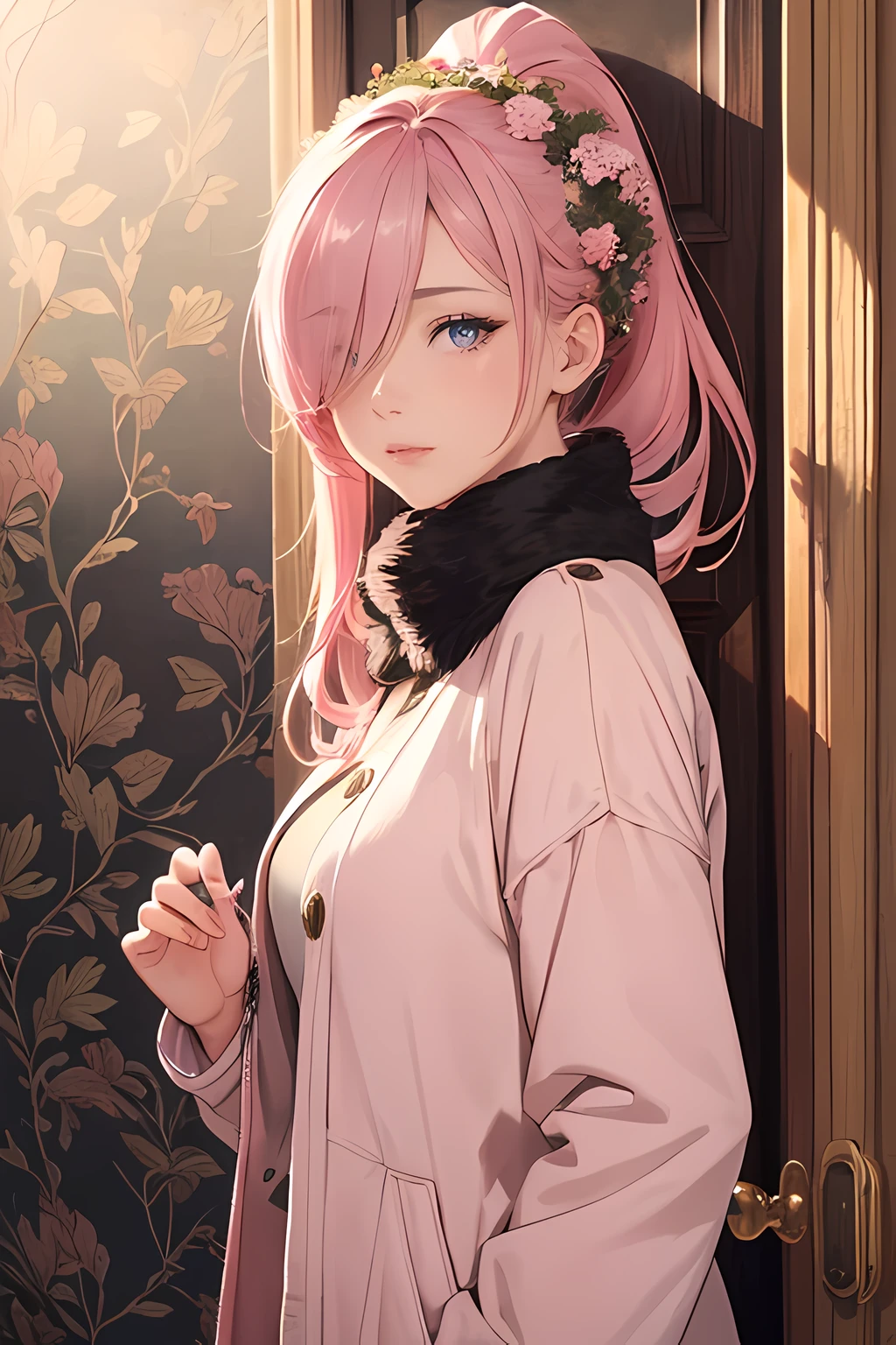 (masterpiece), (best quality), 1female standing in front of a door with a wreath, (long_ponytail pink color hair), (hair over one eye:1.21), wearing winter outfit, detailed beautiful eyes, detailed gorgeous face, perfect anatomy, perfect shading, dramatic lighting, highly detailed, intricate details, wallpaper, PIXIV, krenzcushart,