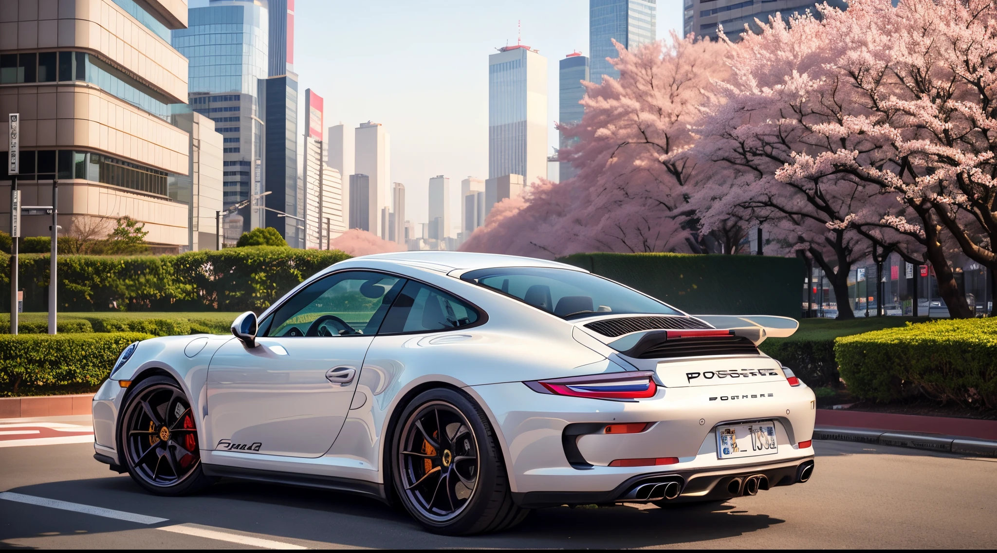 Porsche 911 against the backdrop of Tokyo sakura