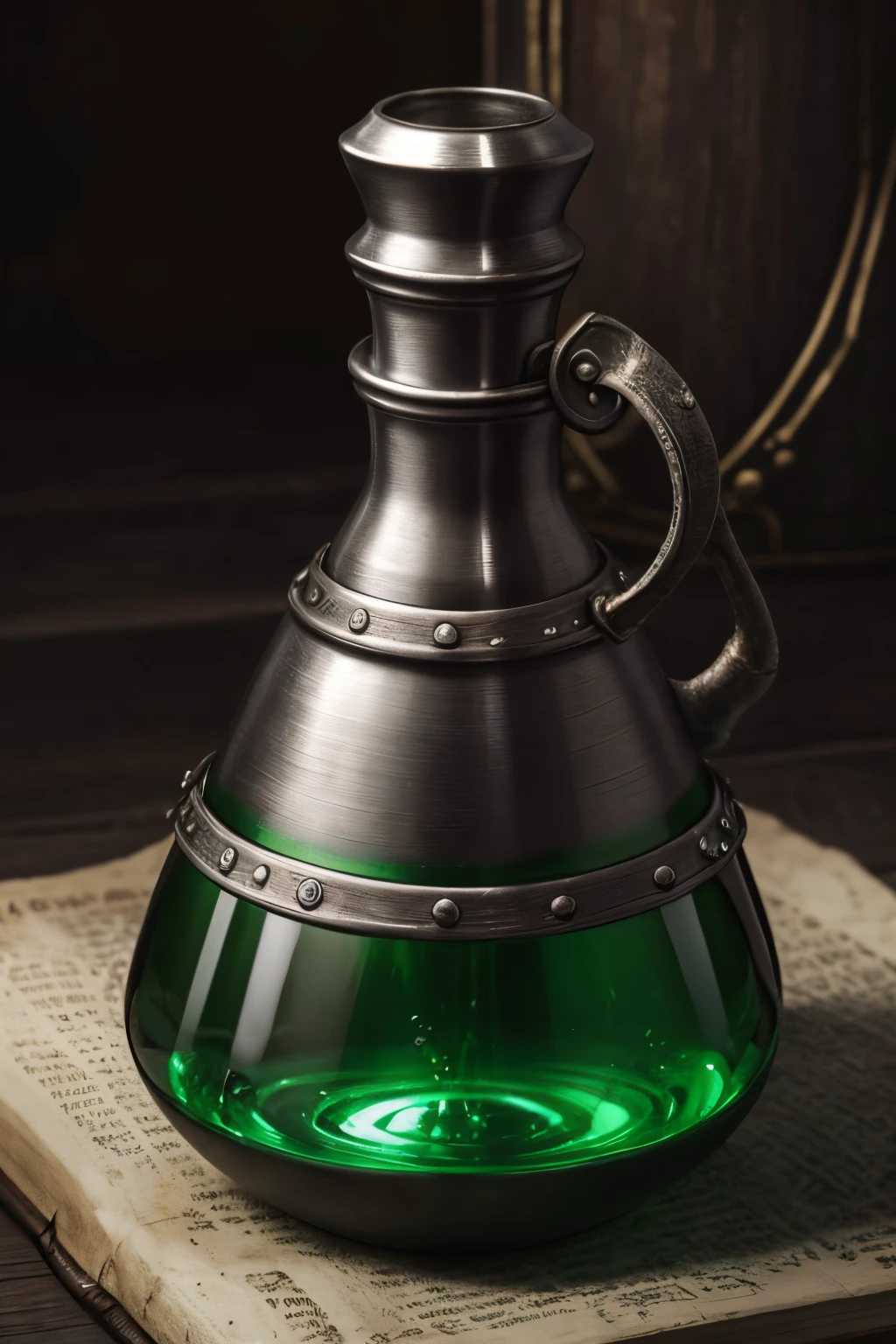 Dark Souls Estus Flask, but it's called Vetus Flask and its liquid is green, has little liquid, looks like a game item, Medieval Flask