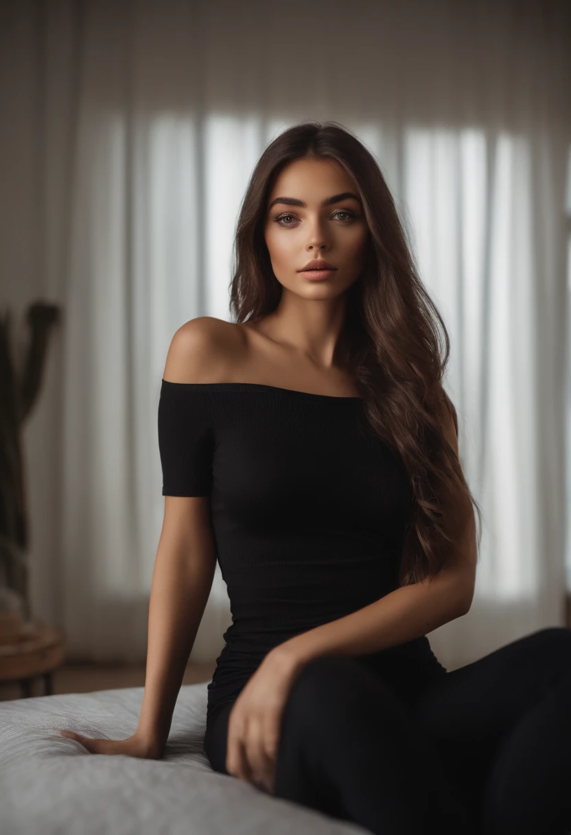 arafed woman with black clothes, with brown eyes, portrait sophie mudd, brown hair and large eyes, selfie of a young woman, bedroom eyes, violet myers, without makeup, natural makeup, looking directly at the camera, face with artgram, subtle makeup, stunning full body shot, in bedroom, cleavage