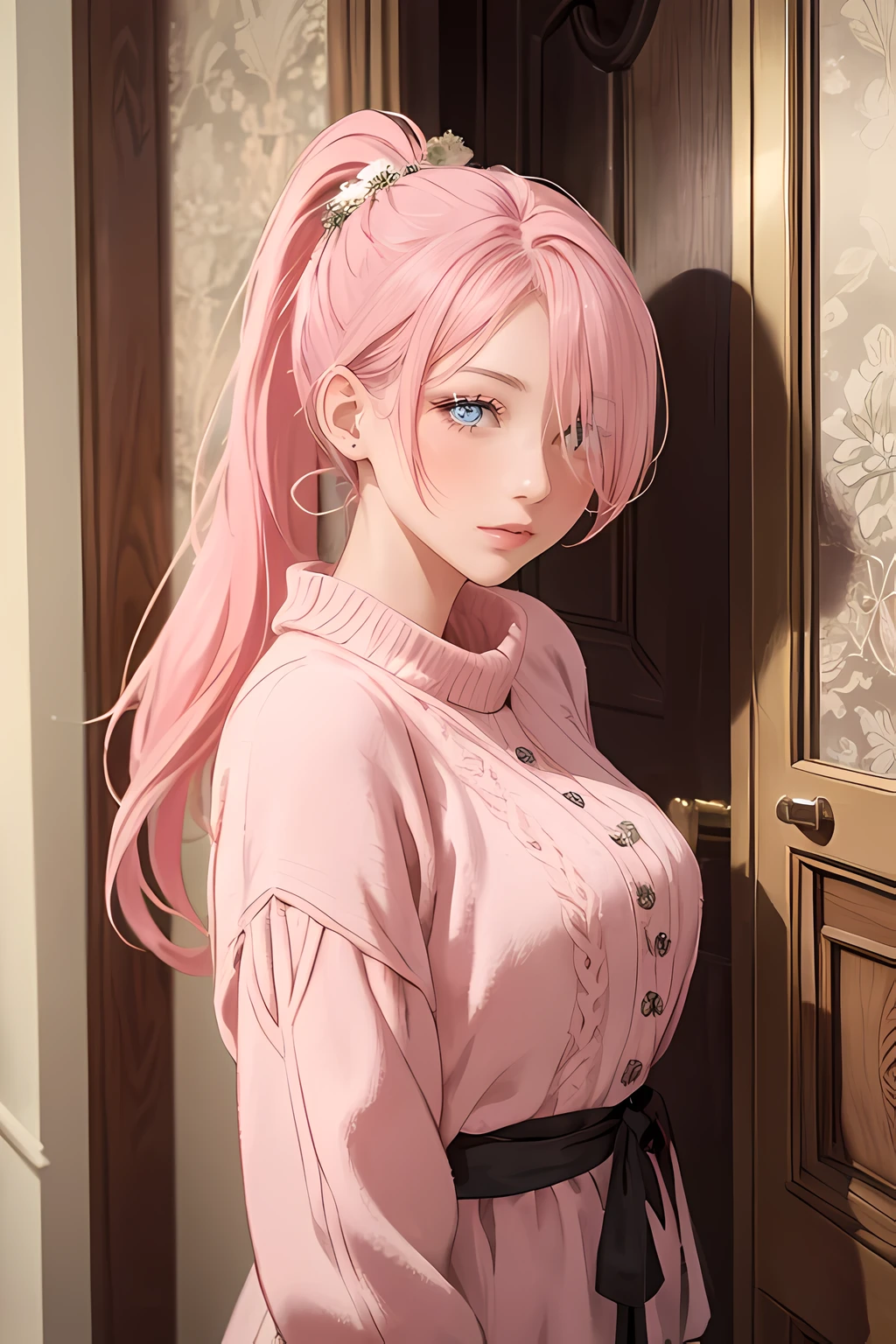 (masterpiece), (best quality), 1female standing, (long_ponytail pink color hair), (hair over one eye:1.21), door with hanging wreath ornament on the background, wearing winter outfit, detailed beautiful eyes, detailed gorgeous face, perfect anatomy, perfect shading, dramatic lighting, highly detailed, intricate details, wallpaper, PIXIV, krenzcushart, over saturated color,